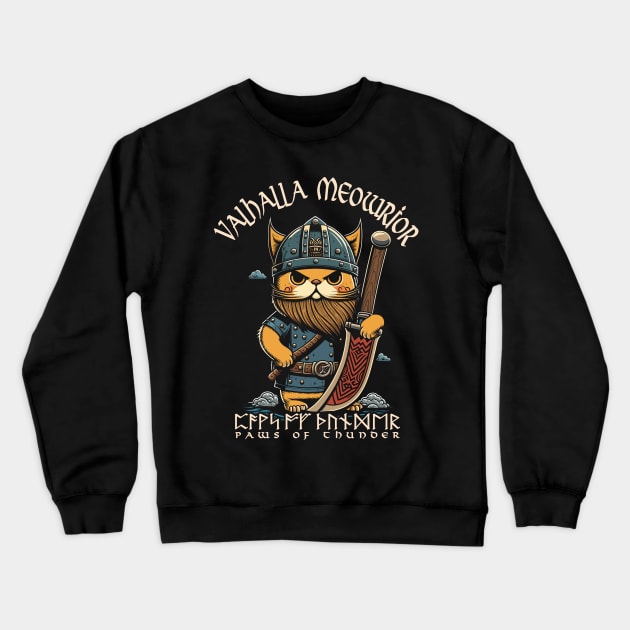 Nordic Norse Valhalla Viking Cat Warrior Crewneck Sweatshirt by Apocatnipse Meow